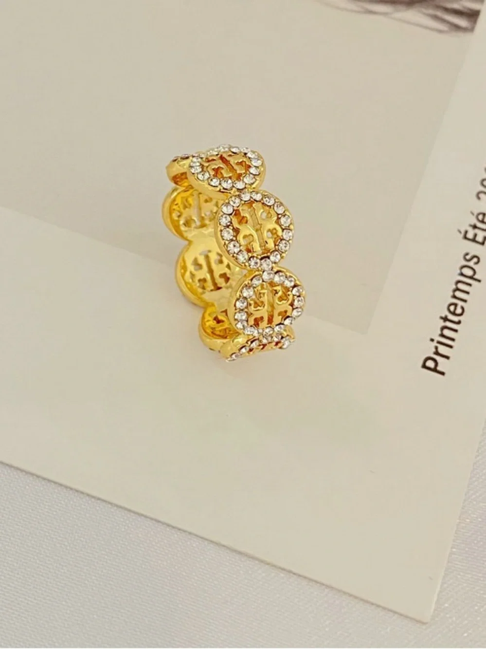 Tory Burch Gold Crystal-Embellished Logo Link Ring